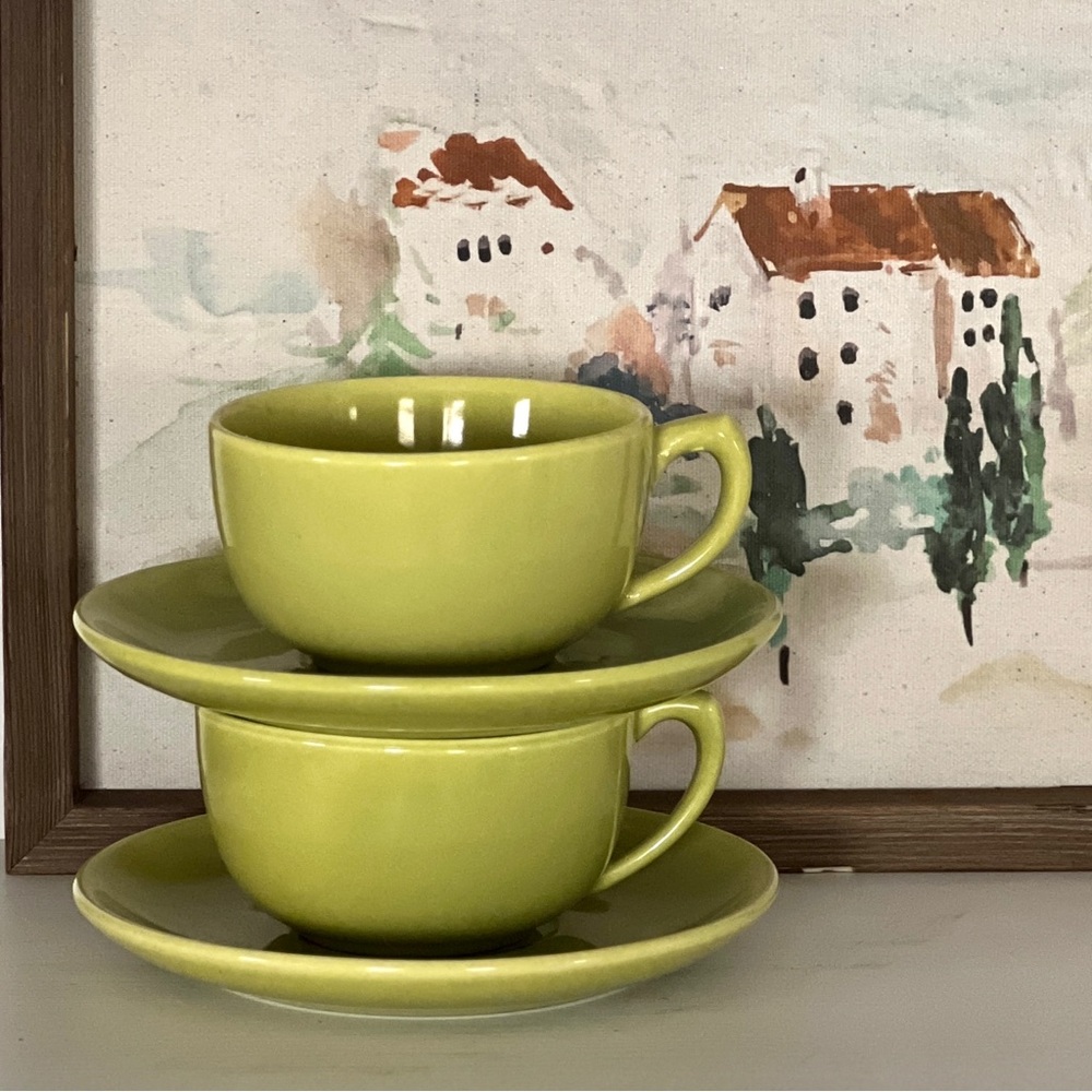 Vintage BAUER Stoneware Cup & Saucer USA Tea Coffee Green Set of 2